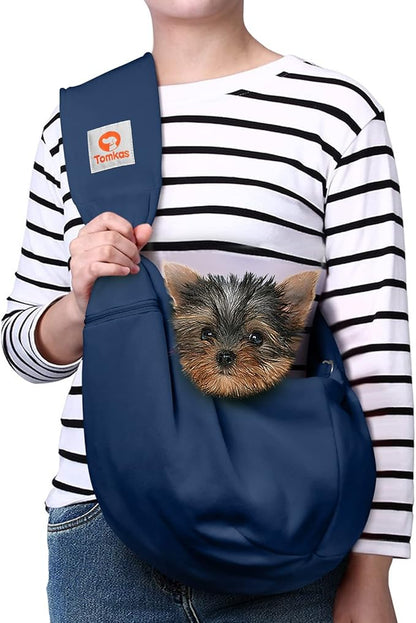 Tomkas Small Dog Sling Carrier - Zipper Pocket &amp; Adjustable Strap - for 3-10 lbs Pets(Dark Blue)