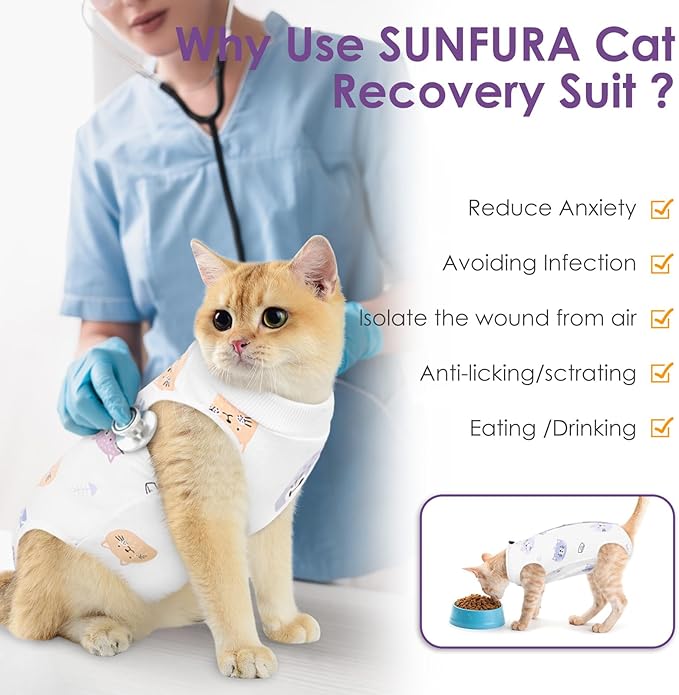 SUNFURA Cat Recovery Suit, Kitten Surgical Full Bodysuit for Abdominal Wound Protector Anti Licking After Surgery, Professional Bandages Cone E-Collar Alternative for Small Male &amp; Female Pets