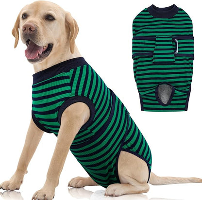 FUAMEY Recovery Suit for Dogs After Surgery,Soft Breathable Dog Bodysuit E-Collar &amp; Cone Alternative Surgical Suit,Male Female Dog Neuter Spay Suits Anti Licking Wounds Onesie Green Black Stripes L