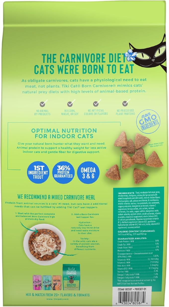 Tiki Cat Born Carnivore Indoor Health Dry Cat Food, Trout &amp; Menhaden Fish Meal, 3 lbs. Bag