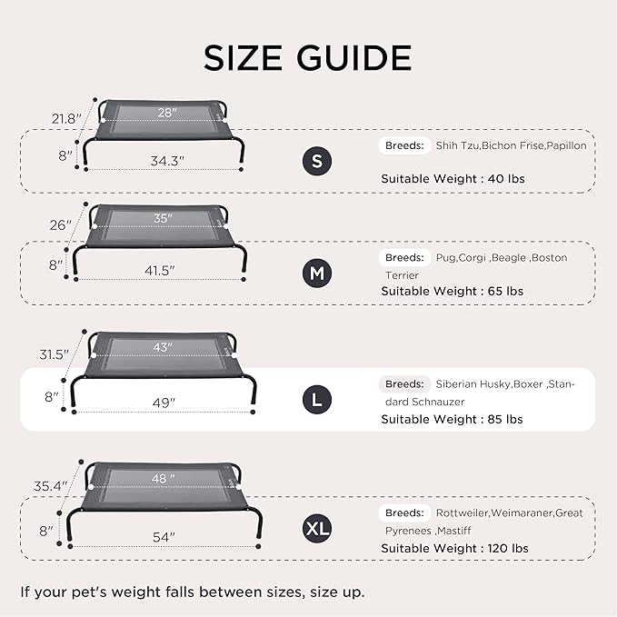 Bedsure Outdoor Elevated Dog Beds for Small Dogs, Portable Indoor &amp; Outdoor Cooling Raised Cot Pet Hammock Bed with Skid-Resistant Feet, Frame with Breathable Mesh, Grey, 35 inches
