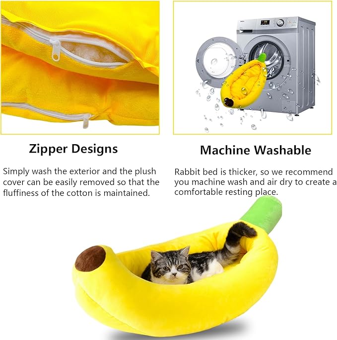 Rabbit Bed,Bunny Bed,Thick&amp;Soft with Removable Mat,Machine Washable Guinea Pig Cushion,Cozy Rabbi Plush House,Warm Small Animal Sleeping Beds(Yellow Banana Shape-L)