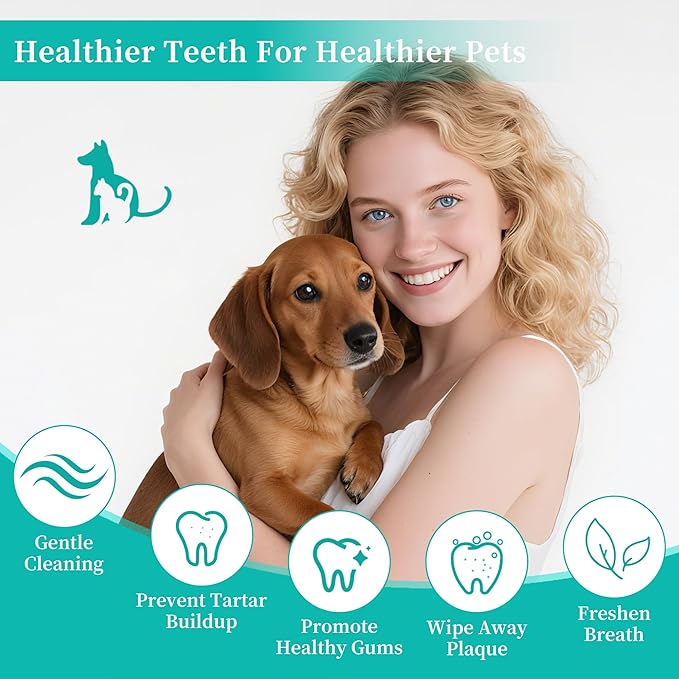 Dog Teeth Cleaning Wipes, Cat &amp; Dog Toothbrush Brushing Kit, Dog Tooth Finger Dental Wipes to Remove Tartar &amp; Plaque, Plant-Based Care Disposable Pet Wipes (50 Count, Uncented)