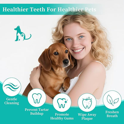 Dog Teeth Cleaning Wipes, Cat &amp; Dog Toothbrush Brushing Kit, Dog Tooth Finger Dental Wipes to Remove Tartar &amp; Plaque, Plant-Based Care Disposable Pet Wipes (50 Count, Uncented)