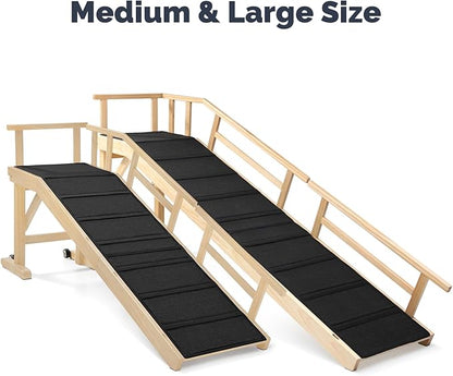 Dog Ramp for Bed or Couch, Wooden Pet Ramp with 20° Gentle Slope, Removable Side Rails, Non-Slip Surface, Top Platform &amp; Wheels, Safe Bed Ramp for Small, Medium &amp; Senior Dogs, 74" Long, Natural