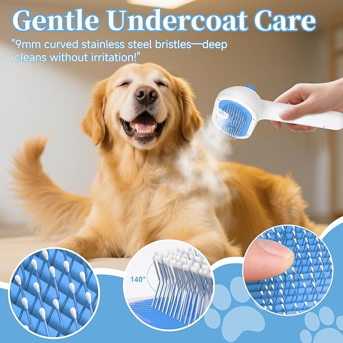 Pet Steam Brush for Dog &amp; Cat - 3-in-1 Steam Grooming Brush for Shedding &amp; Hair Removal - Self Cleaning Spray Comb with Mist for Long Haired Pets - Includes 2*Waterless Shampoo, Blue