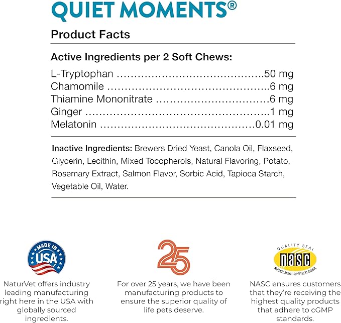 NaturVet –Quiet Moments Calming Aid for Cats Plus Melatonin – 60 Soft Chews – Helps Reduce Stress &amp; Promote Relaxation – Great for Storms, Fireworks, Travel &amp; Grooming