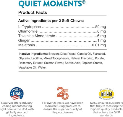 NaturVet –Quiet Moments Calming Aid for Cats Plus Melatonin – 60 Soft Chews – Helps Reduce Stress &amp; Promote Relaxation – Great for Storms, Fireworks, Travel &amp; Grooming