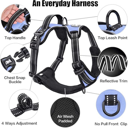 PoyPet No Pull Dog Harness, Reflective Comfortable Vest Harness with Front &amp; Back 2 Leash Attachments and Easy Control Handle Adjustable Soft Padded Pet Vest for Small to Large Dogs (Light Blue,L)