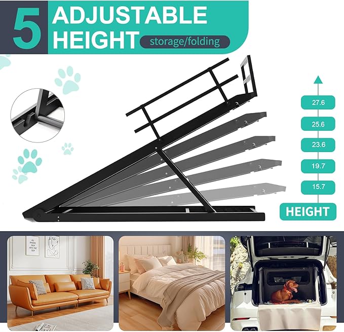 Dog Ramp, 5 Level Adjustable Height Folding Pet Ramp for High Bed, Portable Paw Ramps Large Bed Ramp for Medium &amp; Large Old Dogs &amp; Cats - Natural Wood Furniture Quality