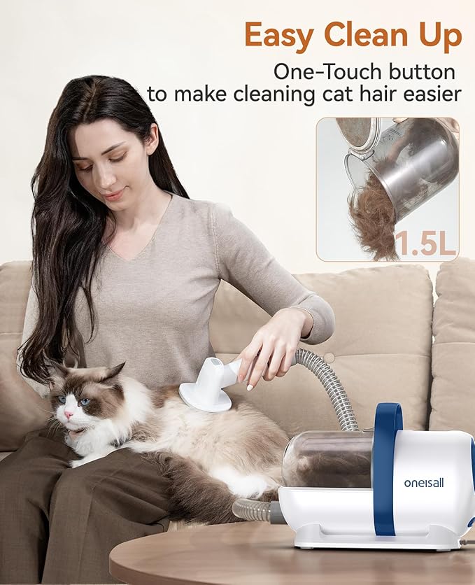 oneisall Cat Vacuum Groomer Quiet, Pet Vacuum Grooming Kit with Clipper Paw Trimmer &amp; Brush, 1.5L Large Dust Cup Pet Vacuum for Shedding, Trimming &amp; Home Cleaning