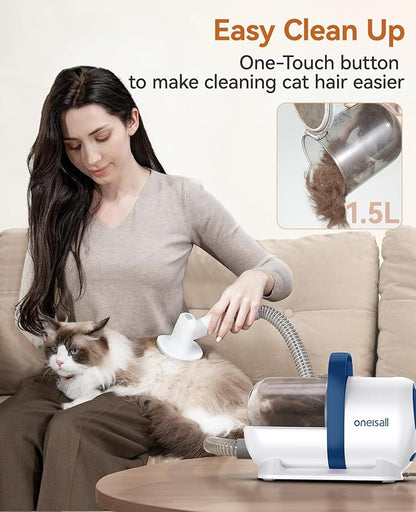 oneisall Cat Vacuum Groomer Quiet, Pet Vacuum Grooming Kit with Clipper Paw Trimmer &amp; Brush, 1.5L Large Dust Cup Pet Vacuum for Shedding, Trimming &amp; Home Cleaning