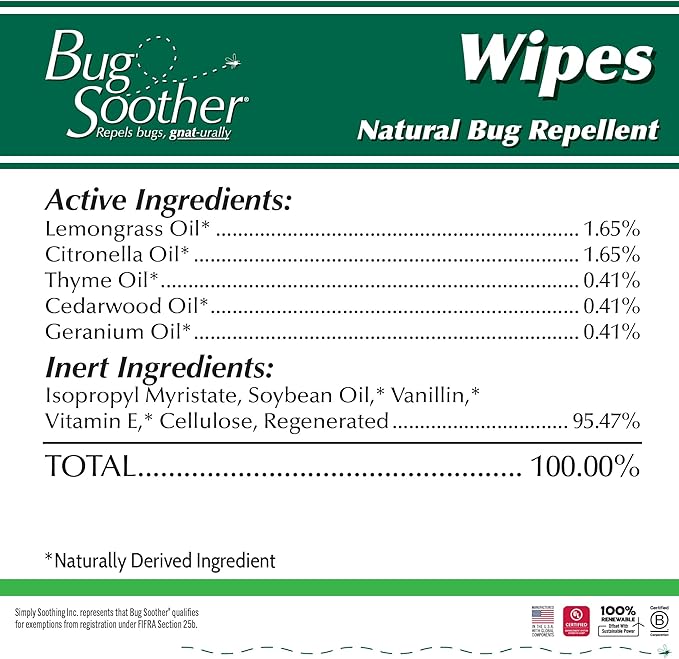 Bug Soother Wipes (30 ct) - Natural Insect, Gnat and Mosquito Repellent &amp; Deterrent - 100% DEET-Free Safe Bug Wipes for Adults, Kids, &amp; Pets - Made in USA