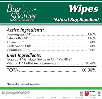 Bug Soother Wipes (100 ct) - Natural Insect, Gnat and Mosquito Repellent &amp; Deterrent - 100% DEET-Free Safe Bug Wipes for Adults, Kids, &amp; Pets - Made in USA