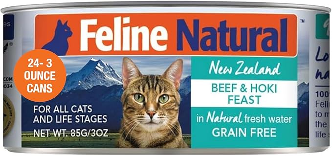 Feline Natural New Zealand Canned Catfood Wet Food, High-Meat, Low-Carb, &amp; Grain Free Cat Food Wet, Beef &amp; Hoki Feast, 3 oz, Pack of 24