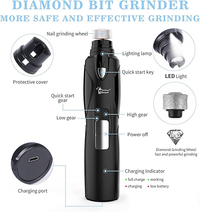 Pet Nail Grinder with LED Light &amp; 2 Grinding Heads, 2-Speed Low Noise &amp; More Powerful Dog Nail Grinder, Pet Nail Trimmer File, Painless Paw Claw Care, Quiet Toenail Grooming Tool for L/M/S Dogs/Cats
