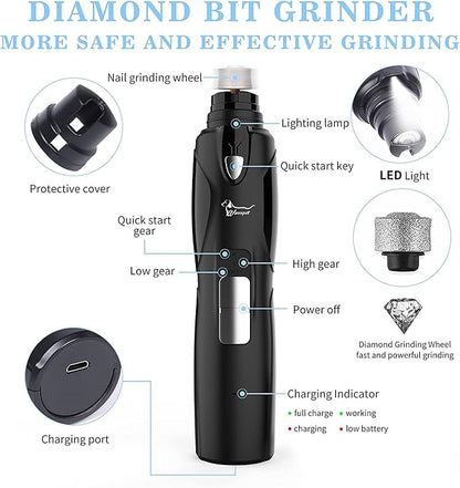 Pet Nail Grinder with LED Light &amp; 2 Grinding Heads, 2-Speed Low Noise &amp; More Powerful Dog Nail Grinder, Pet Nail Trimmer File, Painless Paw Claw Care, Quiet Toenail Grooming Tool for L/M/S Dogs/Cats