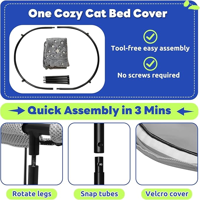 Elevated Cat Bed, Glow-in-The-Dark Fabric Cat Hammock Bed for Large Indoor Cats, Machine Washable &amp; Breathable Cover, Tool Free Easy Assembly, up to 66Lbs (Gray, L)