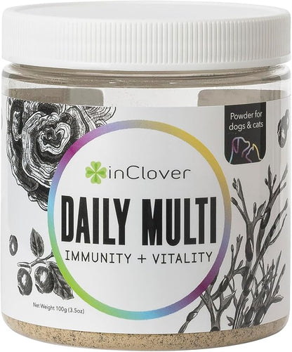 InClover Daily Multi Cat &amp; Dog Vitamin - Canine &amp; Feline Vitality Powder - Immunity Boost with Organic Blueberry, Seaweed, Turkey Tail Mushroom &amp; Postbiotic Fibers - Critical Immune Defense Supplement