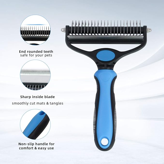 Pet Grooming Tool - 2 Sided Undercoat Rake for Cats &amp; Dogs - Safe Dematting Comb for Easy Mats &amp; Tangles Removing