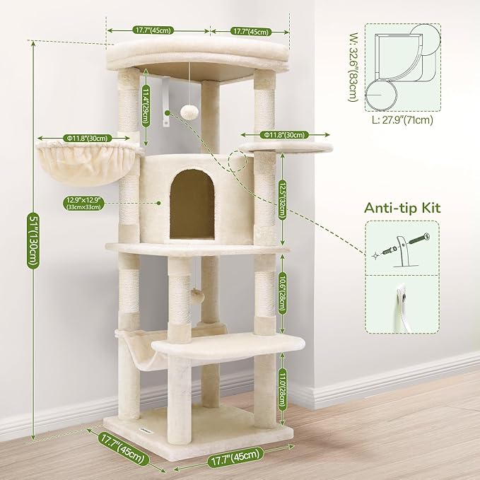 Globlazer Corner Cat Tree, 51in Curved Series Modern Cat Tower for Indoor Cats with Hammock, 7 Sisal Scratching Posts, Large Fan-Shaped Platform for Large Cats, Cat Condo &amp; Hanging Basket, C51, Beige