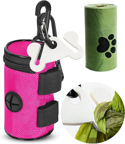 Dog Poop Bag Dispenser for Leash Attachment - Portable Set With Waste Bags &amp; Hand-Free Carrier, Fits Any Leash, Round, Pink
