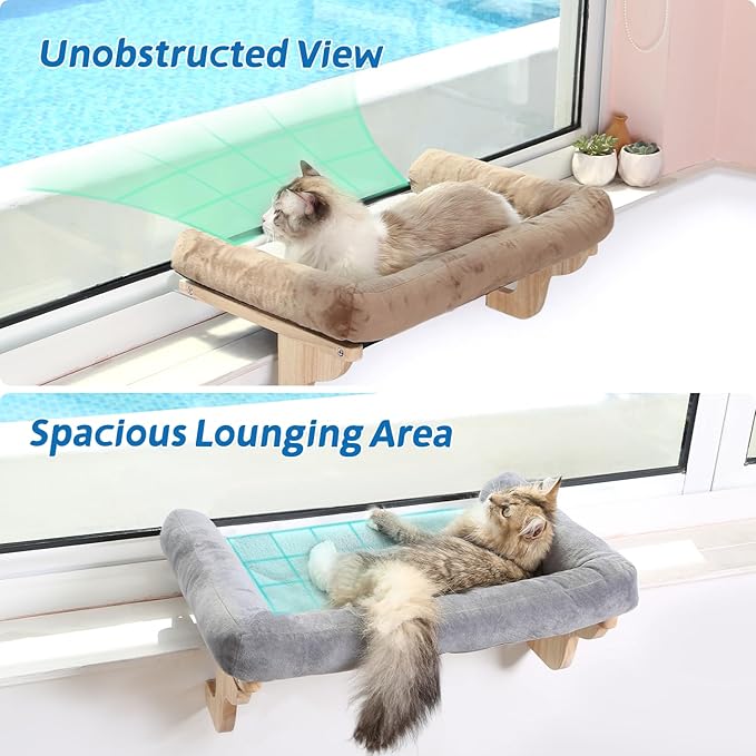 Cat Perch for Window Sill with Bolster - Orthopedic Hammock Design with Premium Hardwood &amp; Robust Metal Frame - Cat Window Seat for Large Cats and Kittens - Dark Stained Wood with Brown Bed