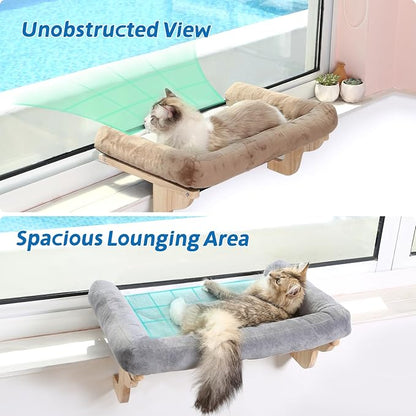 Cat Perch for Window Sill with Bolster - Orthopedic Hammock Design with Premium Hardwood &amp; Robust Metal Frame - Cat Window Seat for Large Cats and Kittens - Dark Stained Wood with Brown Bed