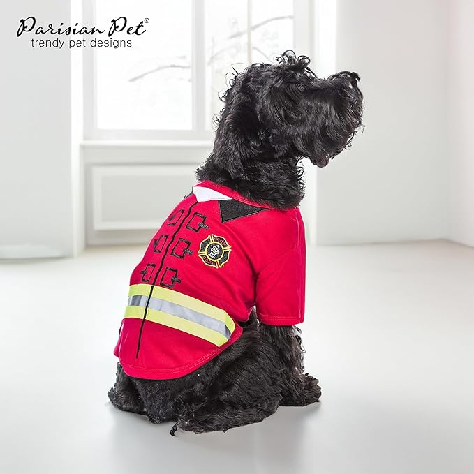 Parisian Pet Embroidered Firefighter Dog Costume - 100% Cotton &amp; Polyester - Sleeved - Red - Large - Lightweight