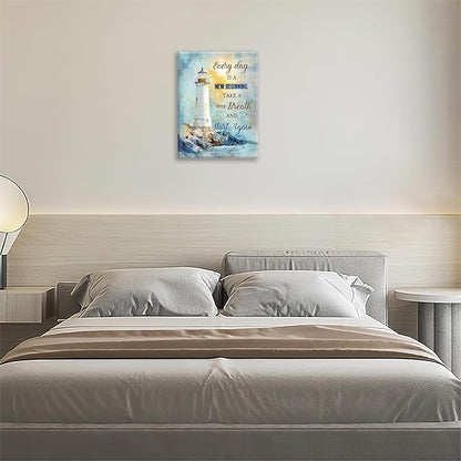 Ocean Lighthouse Pictures Wall Art, Coastal Nautical Bathroom Wall Decor Every Day is a New Beginning Motivational Quote Framed Painting Canvas Artwork for Bedroom Living Room Decorations 16"L x 12"W