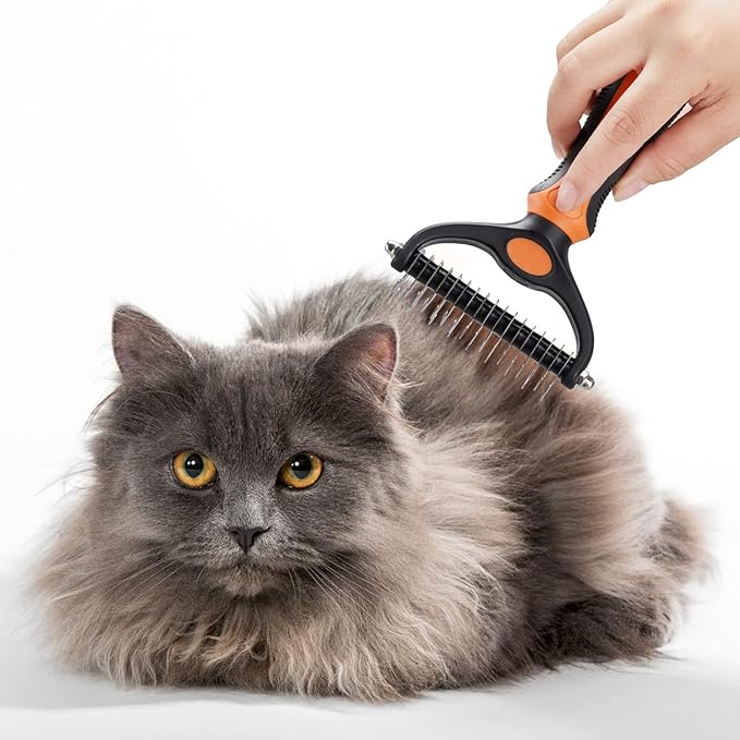 Pet Grooming Tool - 2 Sided Undercoat Rake for Cats and Dogs - Safe Dematting Comb for Easy Mats &amp; Tangles Removing - No More Nasty Shedding and Flying Hair