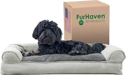 Furhaven Pillow Dog Bed for Medium/Small Dogs w/ Removable Bolsters &amp; Washable Cover - Plush &amp; Suede Sofa - Gray, Medium