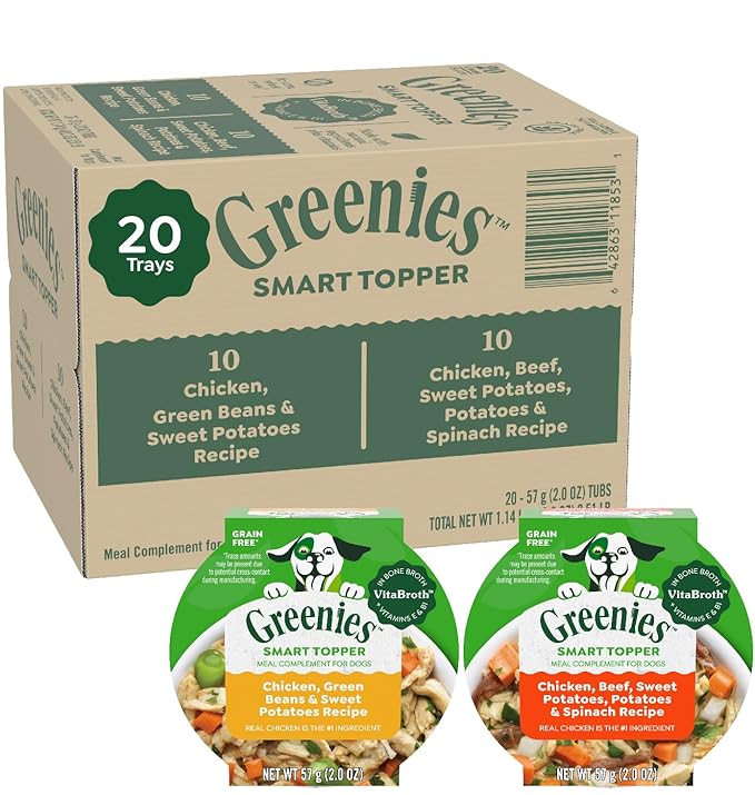 Greenies Smart Topper High Protein Wet Mix-in for Dogs, Chicken, Green Beans, and Sweet Potatoes Recipe &amp; Chicken, Beef, Sweet Potato &amp; Spinach Recipe Variety Pack, 20 Trays of 2oz.