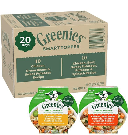 Greenies Smart Topper High Protein Wet Mix-in for Dogs, Chicken, Green Beans, and Sweet Potatoes Recipe &amp; Chicken, Beef, Sweet Potato &amp; Spinach Recipe Variety Pack, 20 Trays of 2oz.