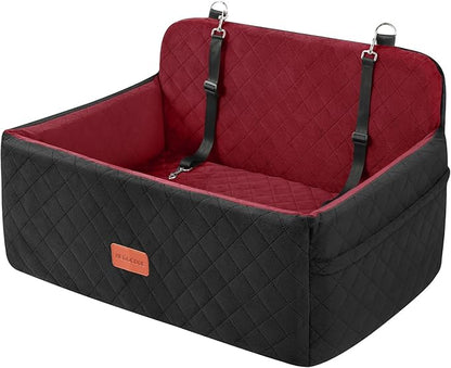 Dog Car Seat for Medium/Large Dogs, Pet Booster Seat for Under 55 lbs or 2 Small Dogs, Detachable &amp; Washable Dog Car Bed for Backseat with 2 Safety Leashes (Blcak/red)