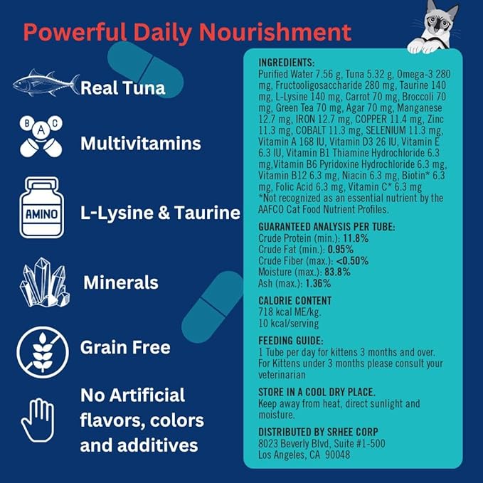 Lickable Cat Treats -Real Tuna Multivitamin Puree with Lysine &amp; Taurine for Indoor Cats | Grain-Free, Squeeze Tube (50 Pack)
