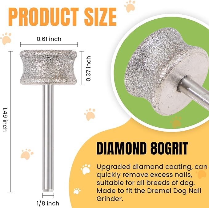 CAELUM Diamond-Coated Pet Nail Grinder Bit, 1/8” Shank for Dremel Nail Tools, Durable &amp; Low-Noise Nail Trimmer for Dogs, Top &amp; Side Grinding, Gentle, Precise Nail Grooming（80grit）