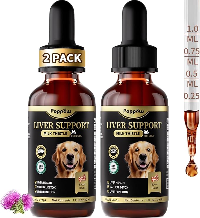 (2 Pack) Poppaw Milk Thistle for Dogs, 9-in-1 Liver &amp; Kidney Support Drops with Artichoke, Resveratrol, Marigold Extract, Natural Detox Herbal Supplement for Liver Function, Bacon Flavor, 2 Oz