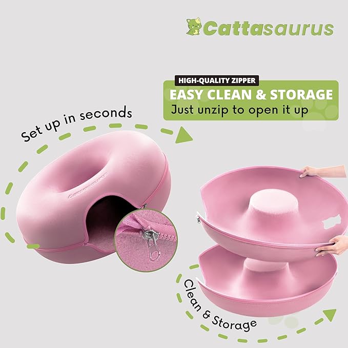 Cattasaurus Peekaboo Cat Cave for Multiple &amp; Large Cats Up to 30-45 Lbs, Scratch Detachable &amp; Washable Tunnel Bed, Comfy Donut Cat Cave (Pink, Jumbo)
