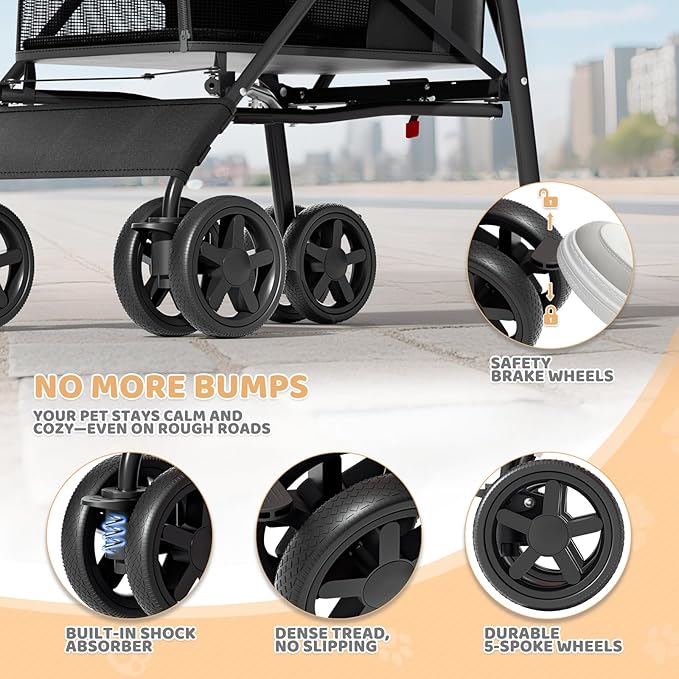 Magshion Compact Pet Stroller for Small-Medium Dogs/Cats up to 22lbs, 4-Wheel Lightweight Umbrella Shaped Portable Puppy Travel Jogger with Breathable Mesh, Cup Holder &amp; Rear Storage, Black