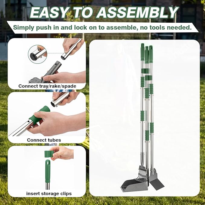 Pooper Scooper, Long Handle Dog Pooper Scooper, Heavy Duty Stainless Steel Rake with Tray &amp; Spade Set for Pet Waste Removal, for Grass, Dirt or Gravel - Green