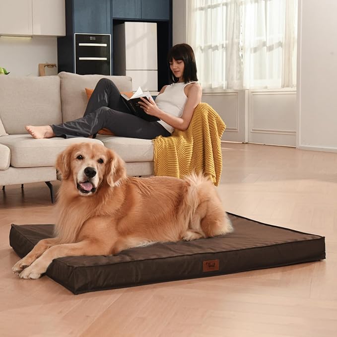 Outdoor All Weather Waterproof Dog Bed, Orthopedic Dog Bed for Extra Large Dogs, Egg Foam Pet Bed with Washable and Removable Oxford Cooling Cover, Brown