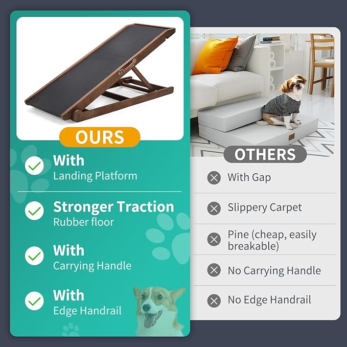 Dog Ramp, Adjustable Height Wooden Folding Pet Ramp for Bed, Couch,SUV-High Traction, Portable Paw Ramps for Small &amp; Large Old Dogs &amp; Cats - Furniture Quality
