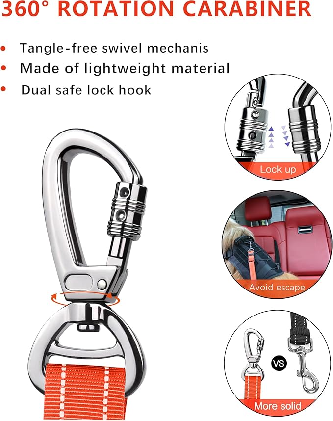 AUBELL Dog Seat Belt for Car,2 Pack Set 3-in-1 Adjustable Reflective Bungee Heavy Duty Dog Car Harness Tether with Clip Hook Latch &amp; Buckle,Swivel Zinc Alloy Carabiner,Black+Orange