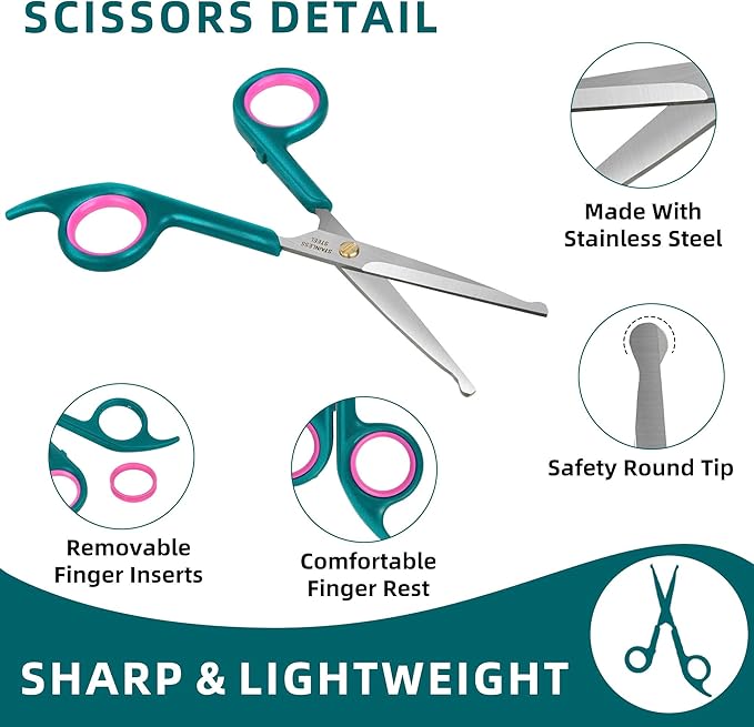 Professional 5 in 1 Pet Grooming Kit - Stainless Steel Dog &amp; Cat Grooming Scissors with Rounded Tip Blades for Safe Fur Trimming, Thinning Shears, Straight Scissors, and Pet Comb (Green 5 in 1)