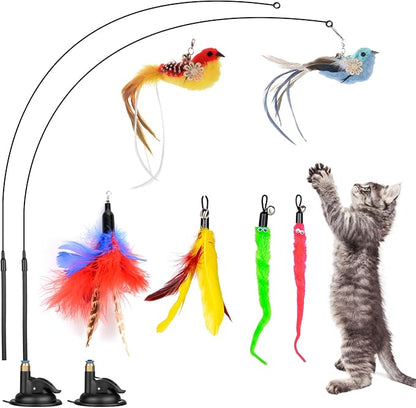 Cat Feather Toys, 10PCS Toys with Super Suction Cup, 2PCS Detachable Wand &amp; 6PCS Replacement Teaser Refills, Interactive Indoor Cat Play