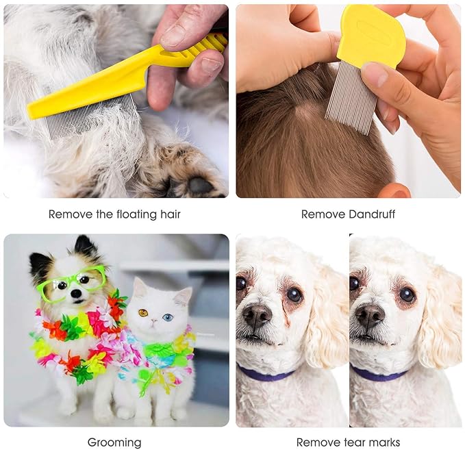 Cat &amp; Dog Comb Set - Fine Tooth Grooming Comb for Dandruff &amp; Hair Removal (Yellow)