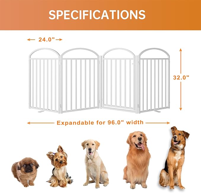 4 Panles Full Matel Freestanding Dog Gates with Door, 96"Extra Wide 32"Tall Free Standing Dog Pet Gate for Indoor &amp; Outdoor. Foldable Pet Fences for Doorways, House, Stairs, Porch, Deck, Yard