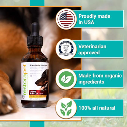 RestoraPet 1-Pack Dog &amp; Cat Bacon Liquid Multivitamin | Dog Arthritis Pain Relief | Hip &amp; Joint Vitamins for Dogs - Anti Inflammatory Supplement for Dogs &amp; Cats | Organic &amp; Non-GMO, Vet Approved