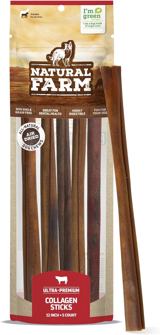 Natural Farm Collagen Dog Chews (12 Inch, 5 Pack), Odor-Free Long Lasting Bully Sticks &amp; Rawhide Alternative Dog Treats, 95% Collagen Low Fat, High Protein – Medium &amp; Large Dogs